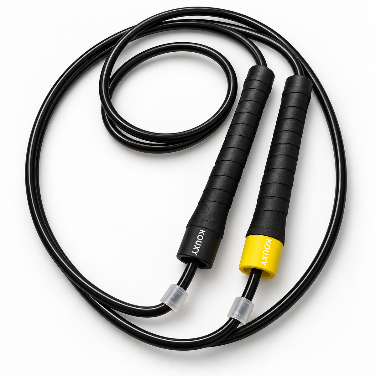 KOUXY Speed Rope — black 6mm jump rope with textured grip handles, coiled